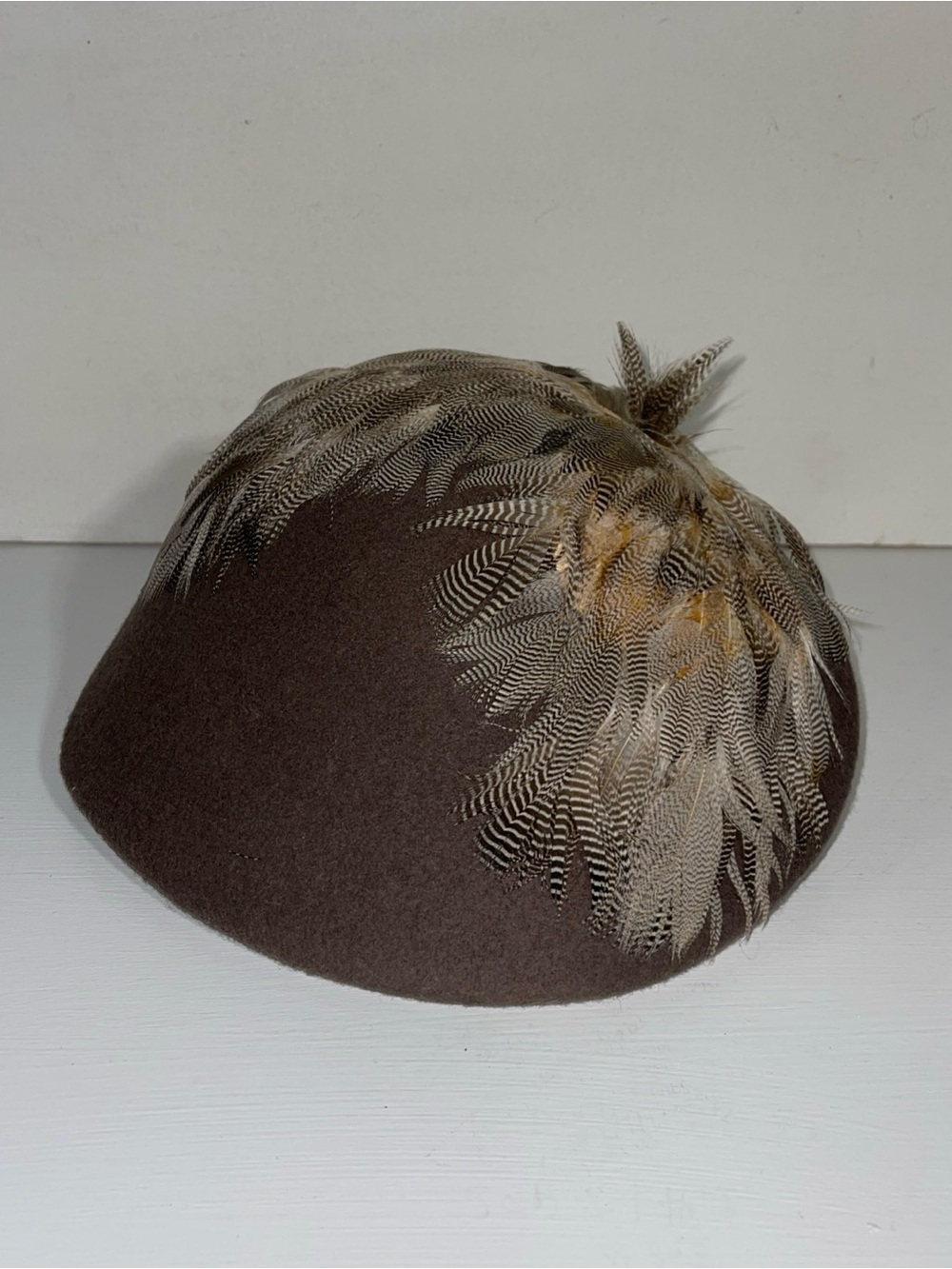Vintage Women's Brown Felt Beret 100% Wool Feather Accent One Size Made USA